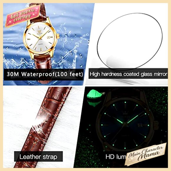 Small Leather Dress Watch with Date Day Function Waterproof Quartz Movement